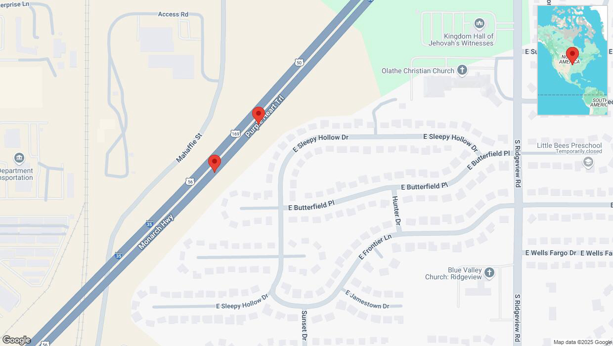 A detailed map that shows the affected road due to 'Broken down vehicle on eastbound I-35 in Olathe' on April 3rd at 2:59 p.m.