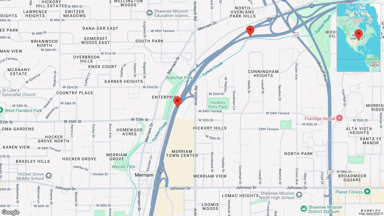 A detailed map that shows the affected road due to 'Crash reported on northbound I-35 in Merriam' on April 3rd at 4:27 p.m.