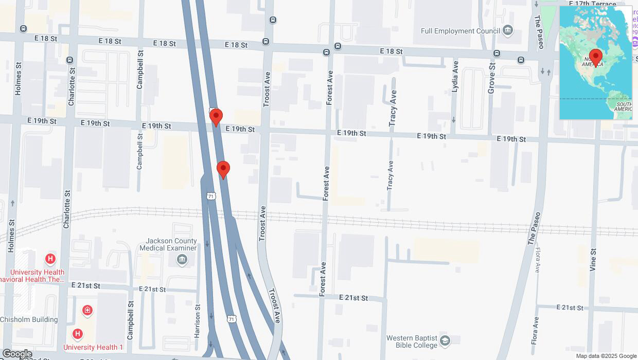 A detailed map that shows the affected road due to 'Warning: Crash on northbound US-71 in Kansas City' on April 3rd at 4:08 p.m.