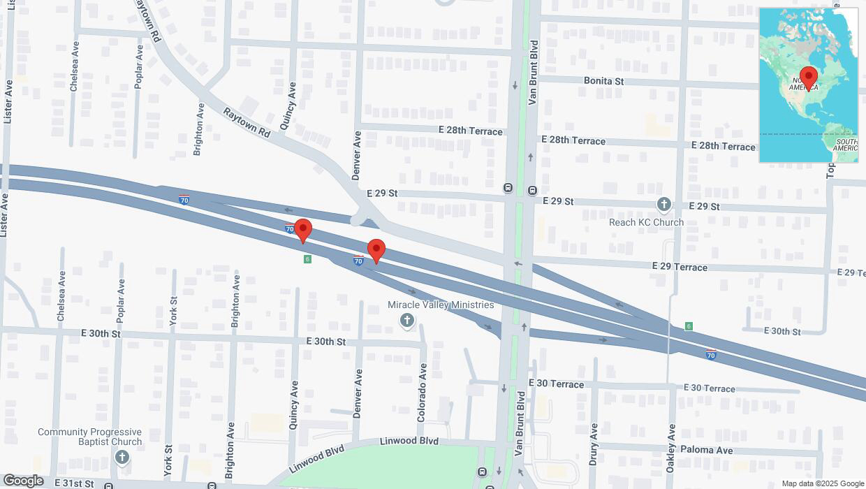 A detailed map that shows the affected road due to 'Broken down vehicle on eastbound I-70 in Kansas City' on April 3rd at 5:14 p.m.