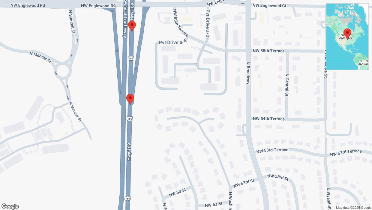 A detailed map that shows the affected road due to 'Broken down vehicle on northbound US-169 in Kansas City' on April 3rd at 7:30 p.m.