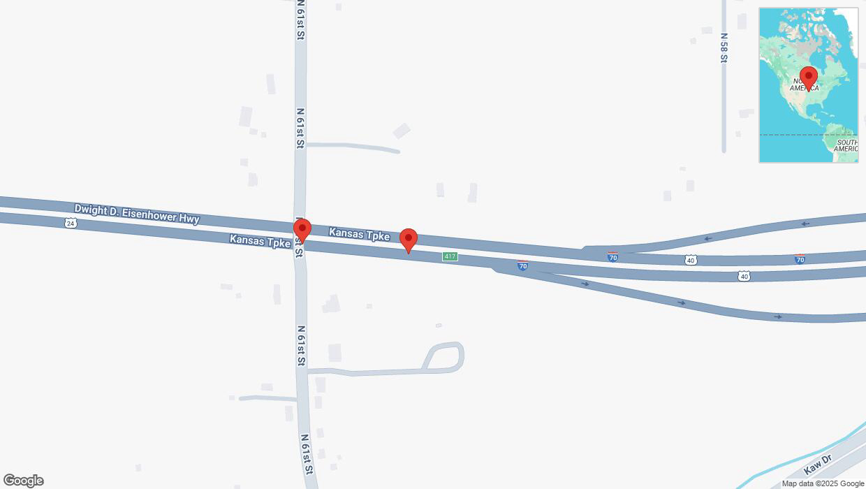 A detailed map that shows the affected road due to 'Warning in Kansas City: Crash reported on eastbound I-70' on April 3rd at 5:38 p.m.