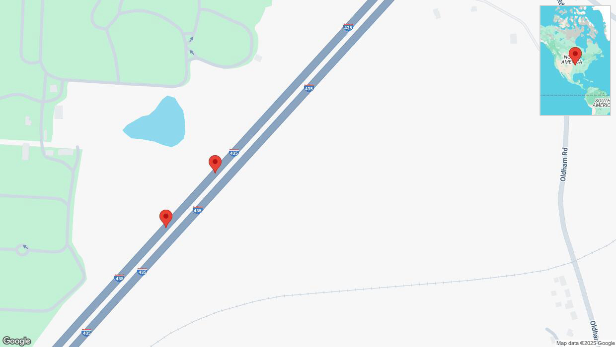 A detailed map that shows the affected road due to 'Broken down vehicle on southbound I-435 in Kansas City' on April 3rd at 6:24 p.m.