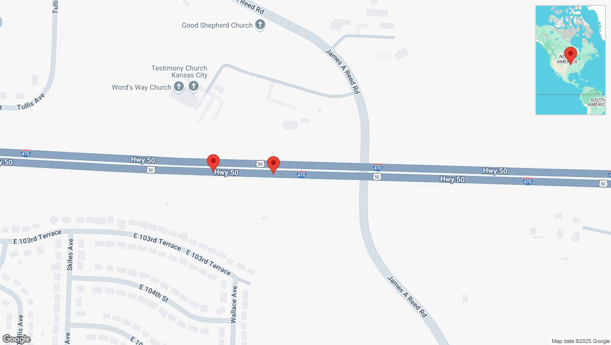 A detailed map that shows the affected road due to 'Broken down vehicle on eastbound I-470 in Kansas City' on April 3rd at 6:43 p.m.