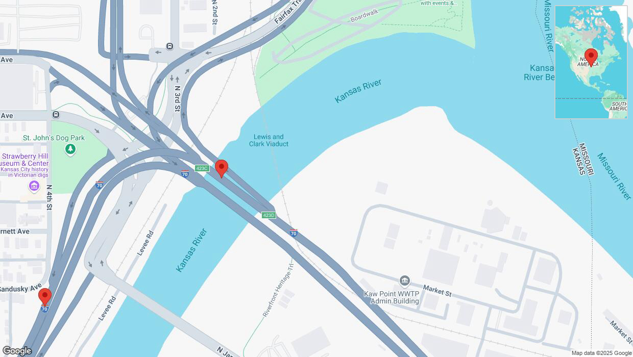 A detailed map that shows the affected road due to 'I-70: bridge closed between I-35/Beardsley Road/Exit 2 and Third Street/James St/Exit 423' on April 3rd at 8:32 p.m.