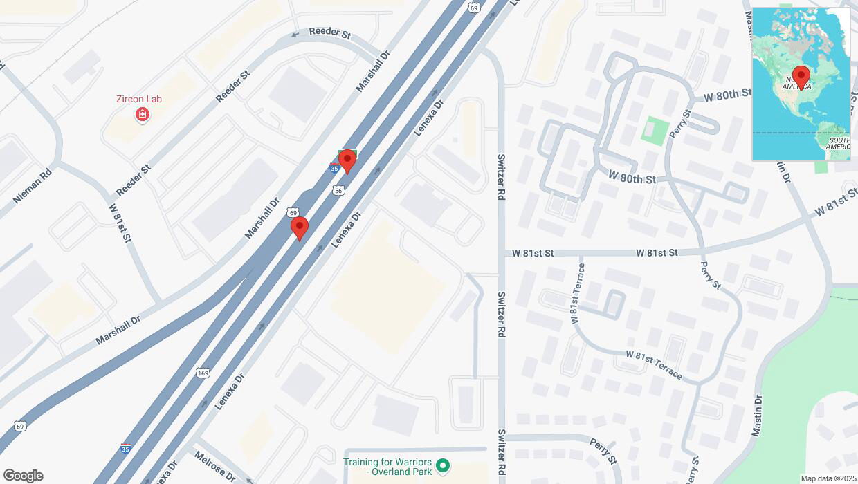 A detailed map that shows the affected road due to 'Broken down vehicle on eastbound I-35 in Lenexa' on April 3rd at 9:58 p.m.