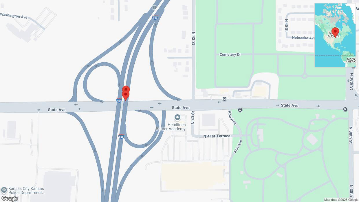 A detailed map that shows the affected road due to 'Broken down vehicle on northbound I-635 in Kansas City' on April 3rd at 11:44 p.m.