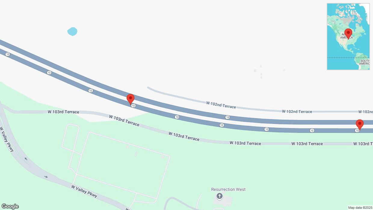 A detailed map that shows the affected road due to 'Broken down vehicle on eastbound K-10 in Lenexa' on April 4th at 7:47 p.m.