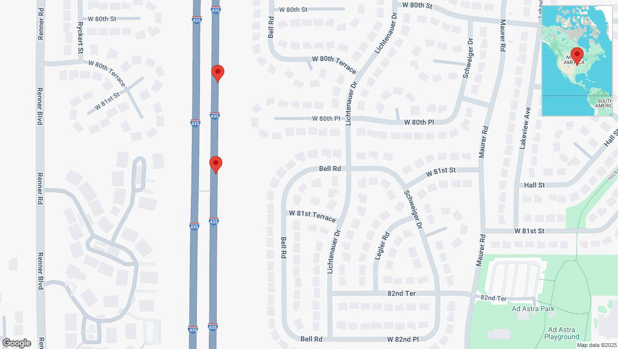 A detailed map that shows the affected road due to 'Broken down vehicle on northbound I-435 in Lenexa' on April 5th at 2:03 p.m.