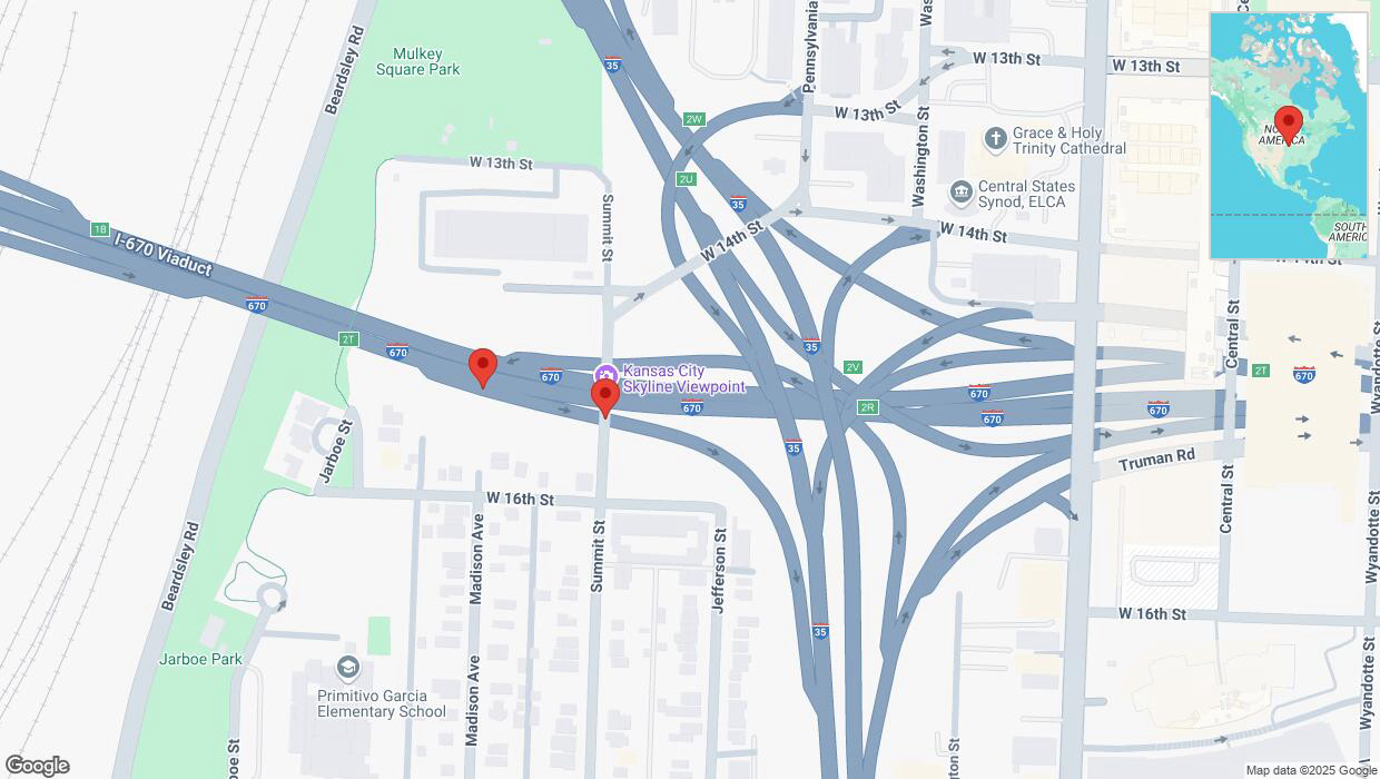 A detailed map that shows the affected road due to 'Broken down vehicle on Madison Avenue in Kansas City' on April 5th at 6:16 p.m.
