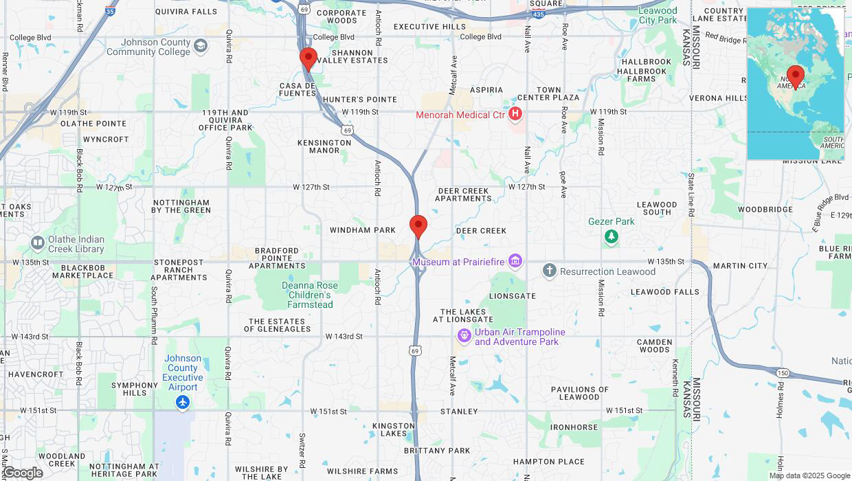 A detailed map that shows the affected road due to 'Lane on US-69 closed in Overland Park' on April 5th at 8:20 p.m.