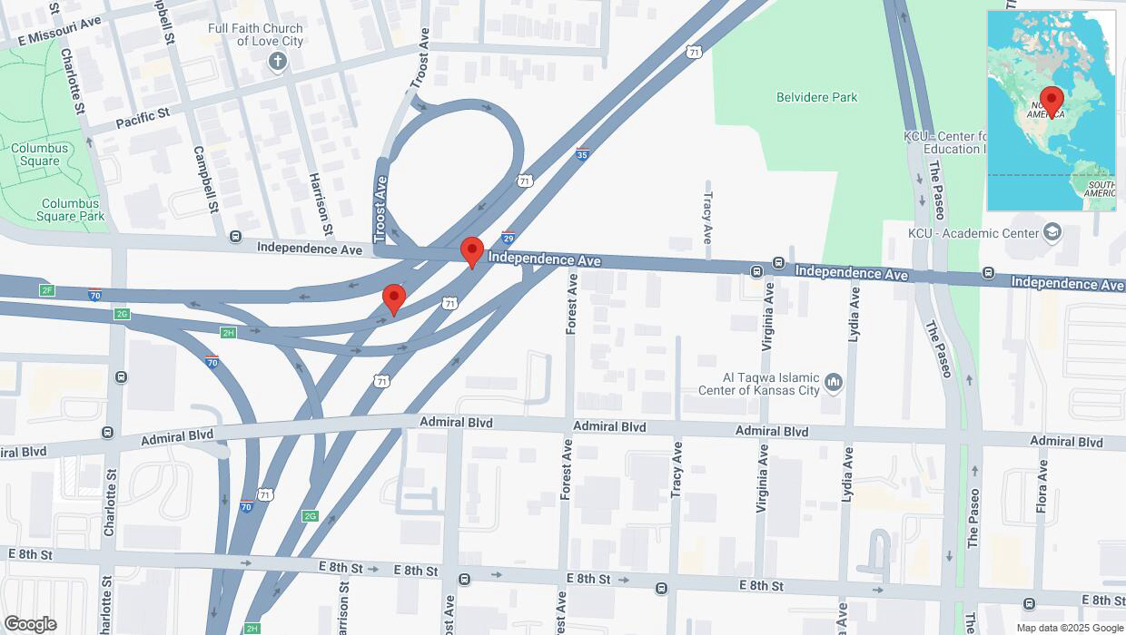 A detailed map that shows the affected road due to 'Broken down vehicle on northbound I-35 in Kansas City' on April 5th at 9:48 p.m.