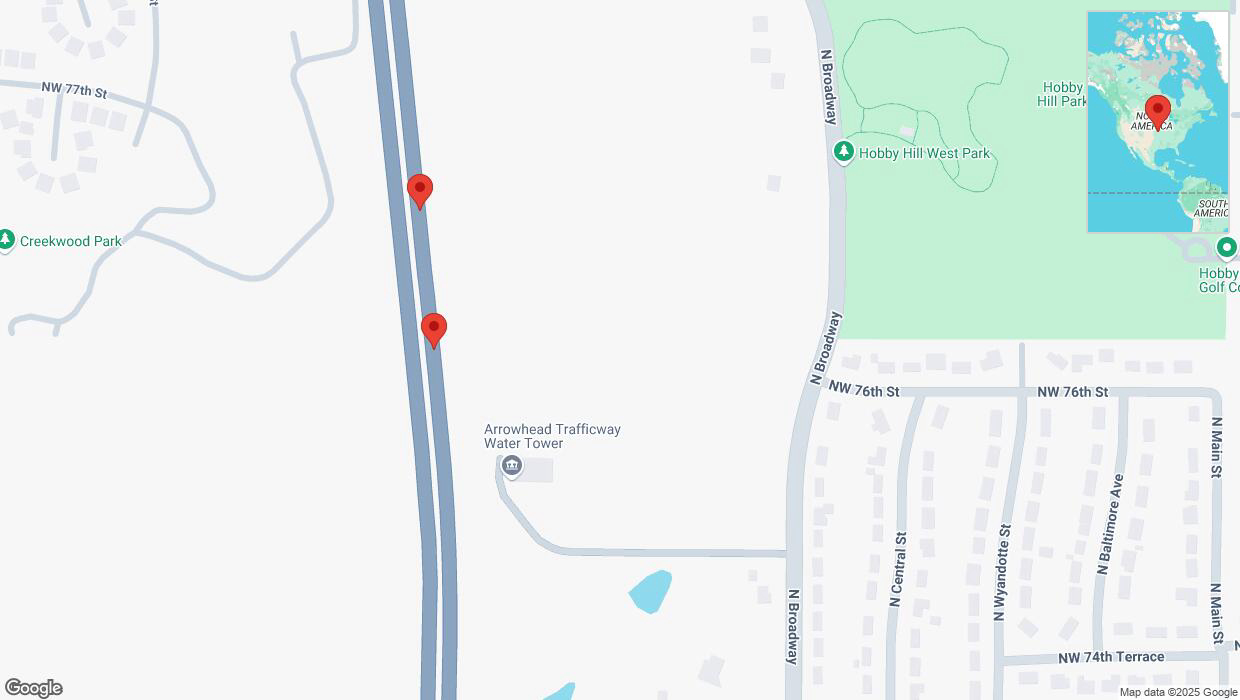 A detailed map that shows the affected road due to 'Broken down vehicle on northbound US-169 in Kansas City' on April 5th at 10:22 p.m.