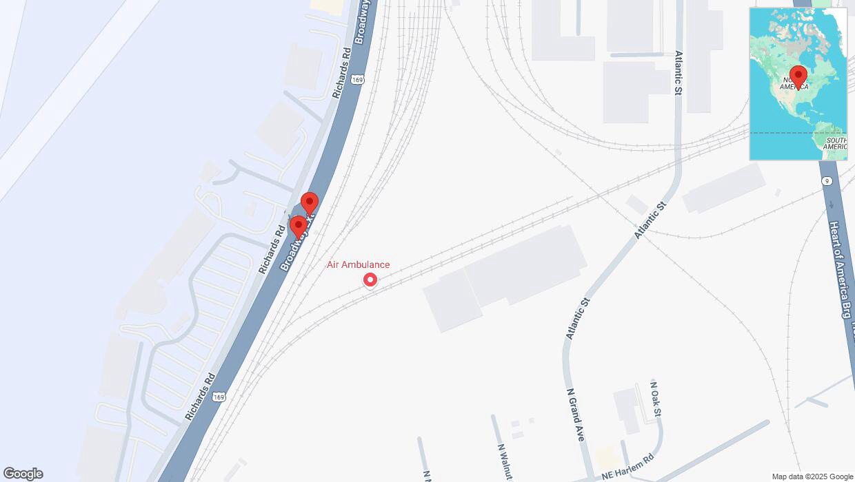 A detailed map that shows the affected road due to 'Broken down vehicle on northbound US-169 North in Kansas City' on April 6th at 5:37 p.m.