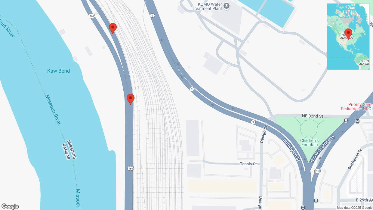 A detailed map that shows the affected road due to 'Broken down vehicle on northbound US-169 in Kansas City' on April 6th at 6:12 p.m.