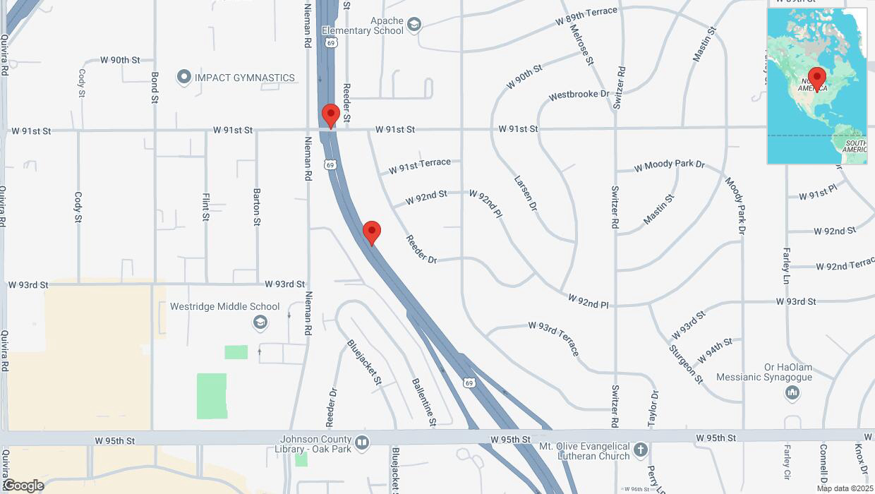 A detailed map that shows the affected road due to 'Broken down vehicle on northbound US-69 in Overland Park' on April 6th at 10:30 p.m.