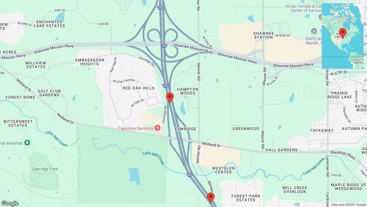 A detailed map that shows the affected road due to 'Lane on I-435 closed in Shawnee' on April 7th at 11:57 p.m.