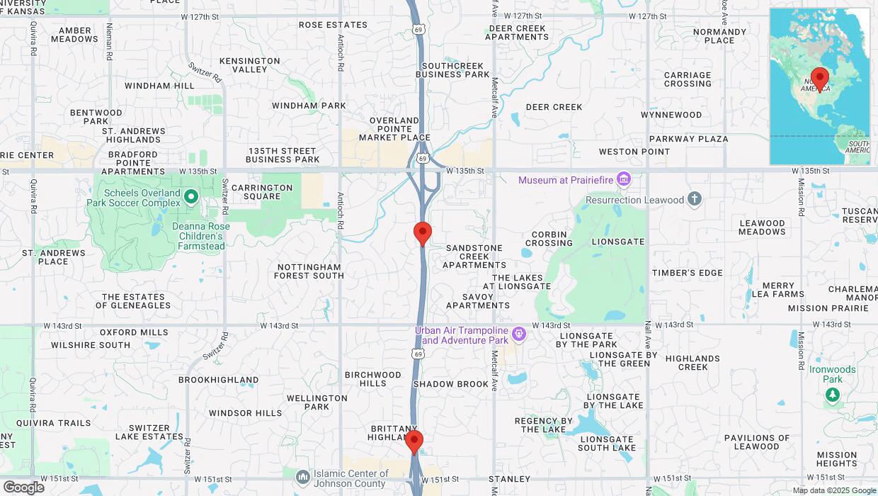 A detailed map that shows the affected road due to 'Lane on US-69 closed in Overland Park' on April 7th at 6:52 p.m.