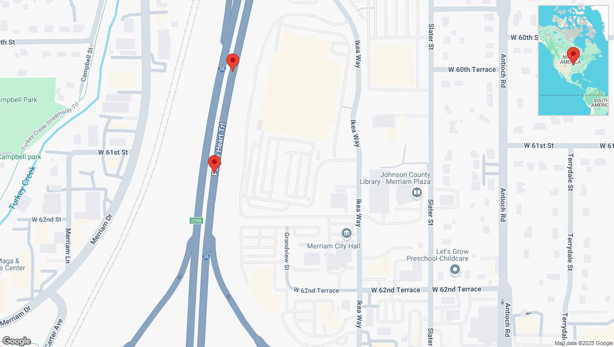 A detailed map that shows the affected road due to 'Broken down vehicle on northbound I-35 in Merriam' on April 9th at 6:58 p.m.
