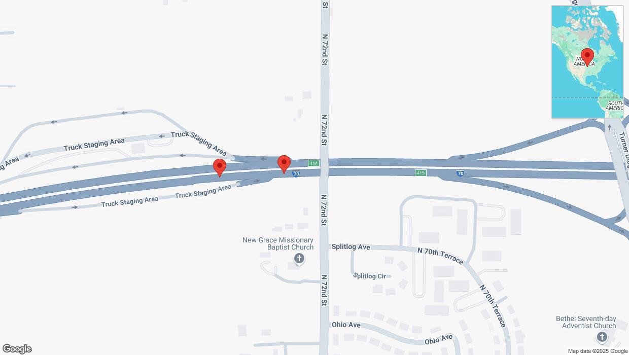 A detailed map that shows the affected road due to 'Broken down vehicle on eastbound I-70 in Kansas City' on April 7th at 12:34 p.m.