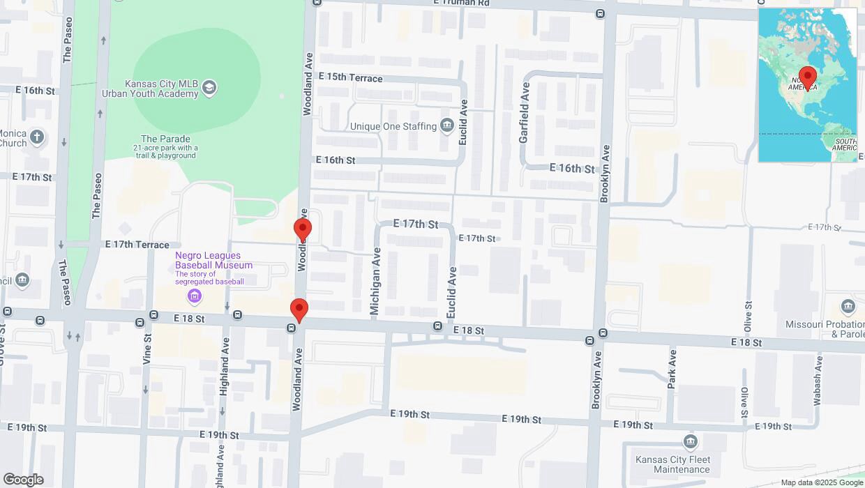 A detailed map that shows the affected road due to 'Woodland Avenue closed in Kansas City' on April 9th at 3:36 p.m.