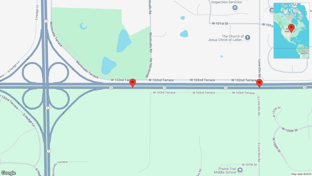 A detailed map that shows the affected road due to 'Broken down vehicle on eastbound K-10 in Lenexa' on April 7th at 4:49 p.m.