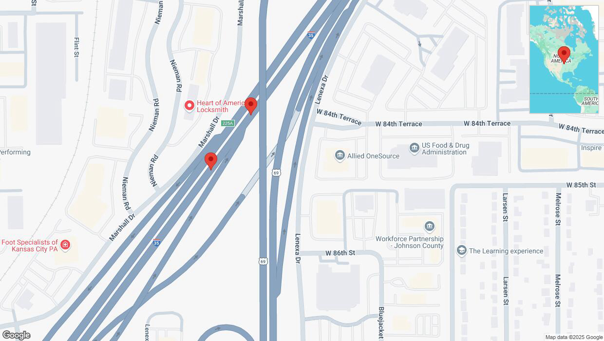 A detailed map that shows the affected road due to 'Broken down vehicle on eastbound I-35 in Overland Park' on April 7th at 4:57 p.m.