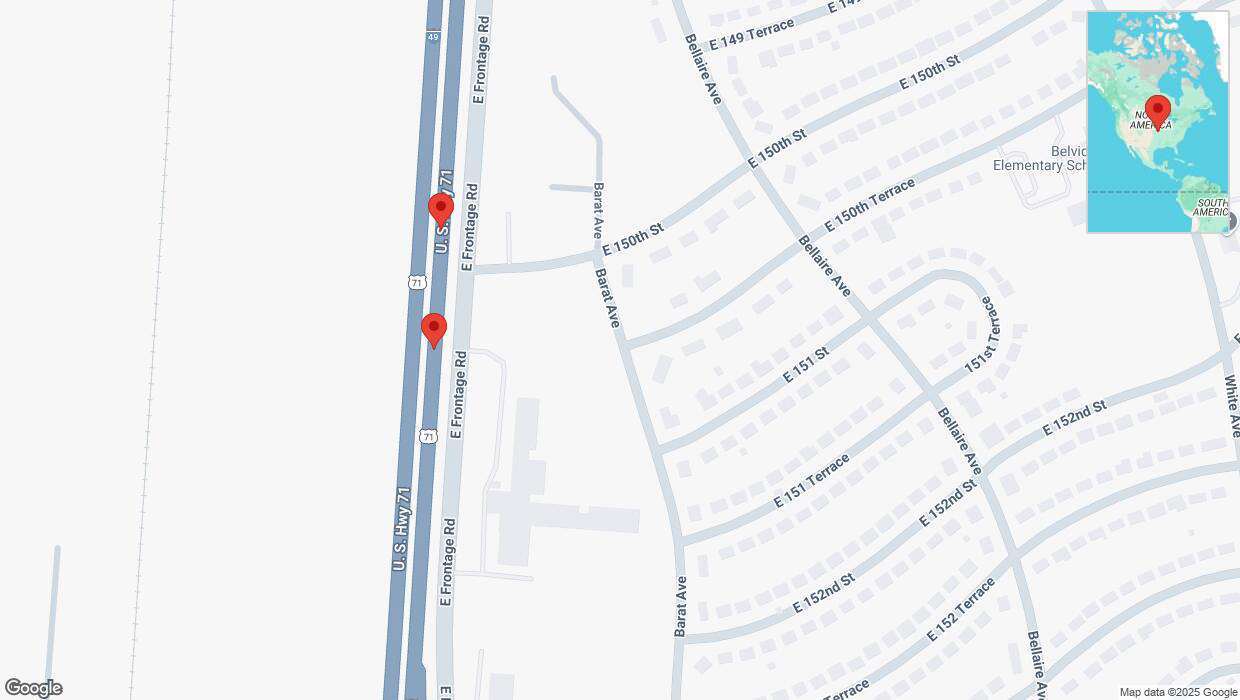 A detailed map that shows the affected road due to 'Broken down vehicle on northbound I-40/US-71 in Grandview' on April 7th at 4:24 p.m.