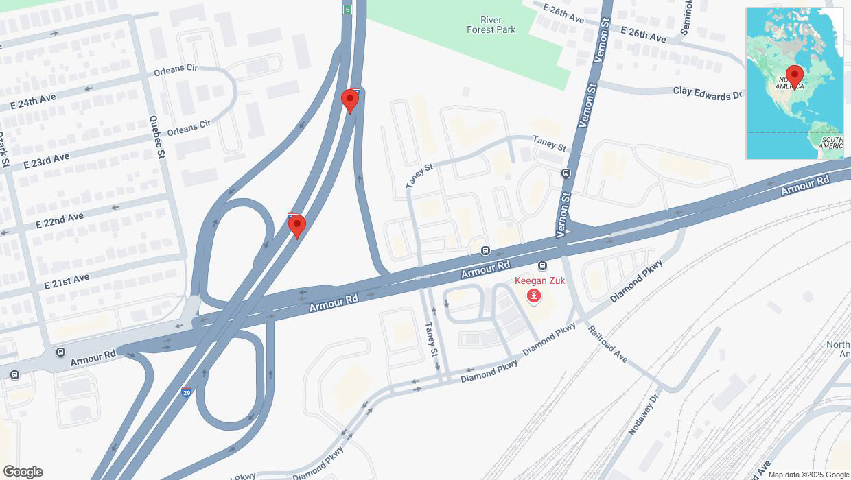 A detailed map that shows the affected road due to 'Broken down vehicle on northbound I-29/I-35 in North Kansas City' on April 7th at 4:45 p.m.