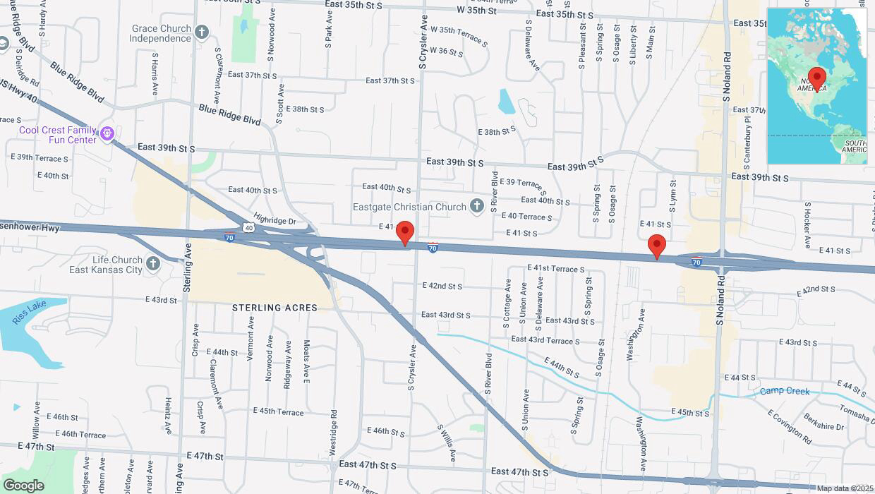A detailed map that shows the affected road due to 'Warning: Crash on eastbound I-70 in Independence' on April 7th at 5:08 p.m.