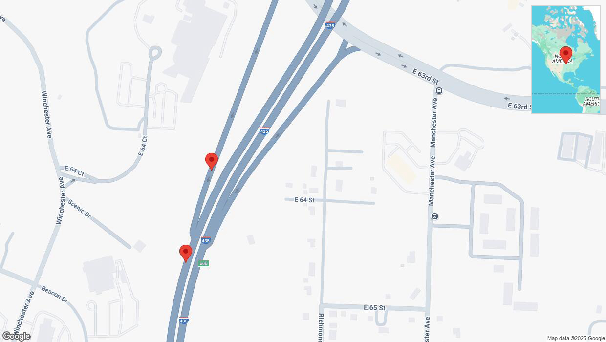 A detailed map that shows the affected road due to 'Broken down vehicle on East 64 Street in Kansas City' on April 7th at 5:21 p.m.