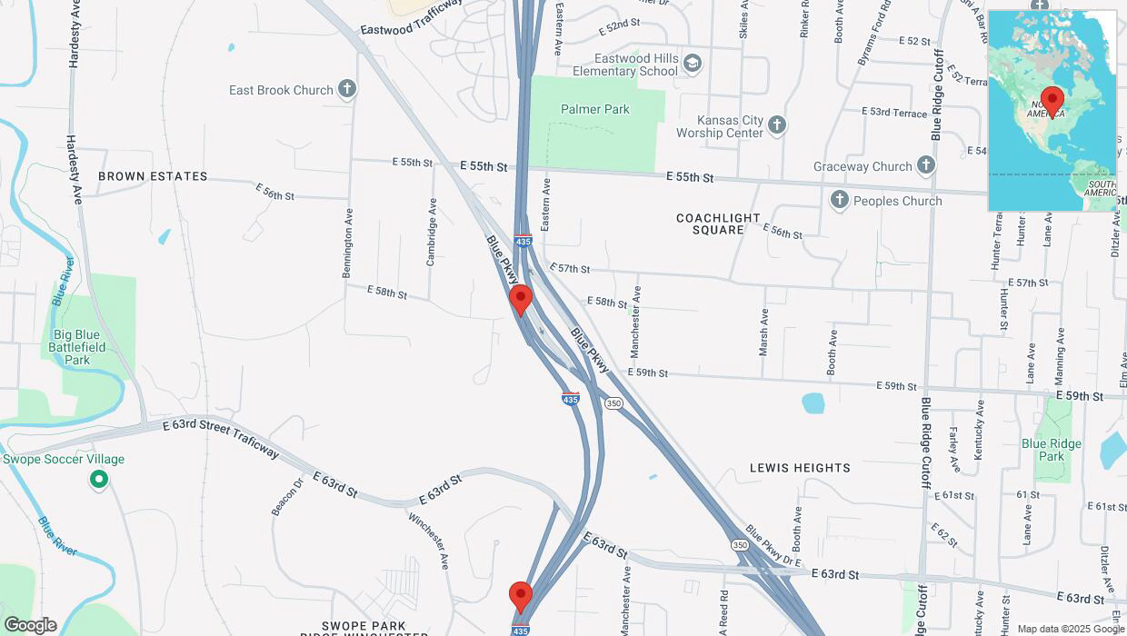 A detailed map that shows the affected road due to 'Crash reported on southbound I-435 in Kansas City' on April 7th at 5:21 p.m.