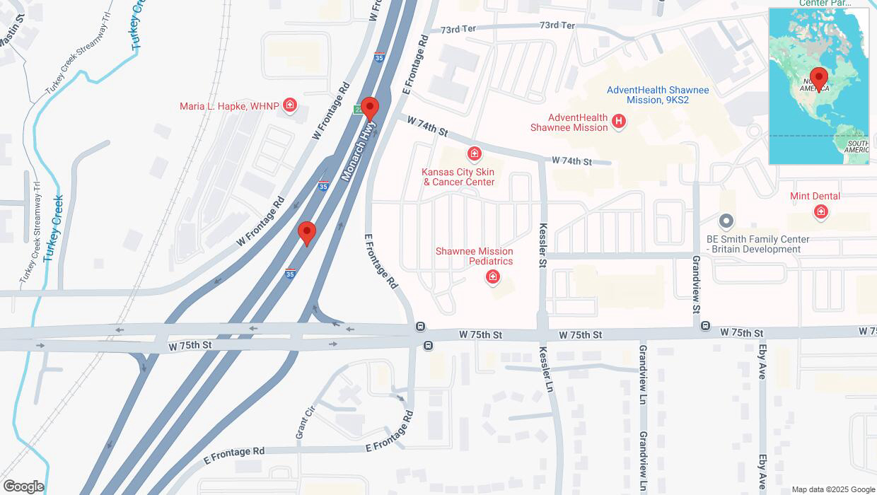 A detailed map that shows the affected road due to 'Broken down vehicle on eastbound I-35 in Merriam' on April 7th at 6:52 p.m.
