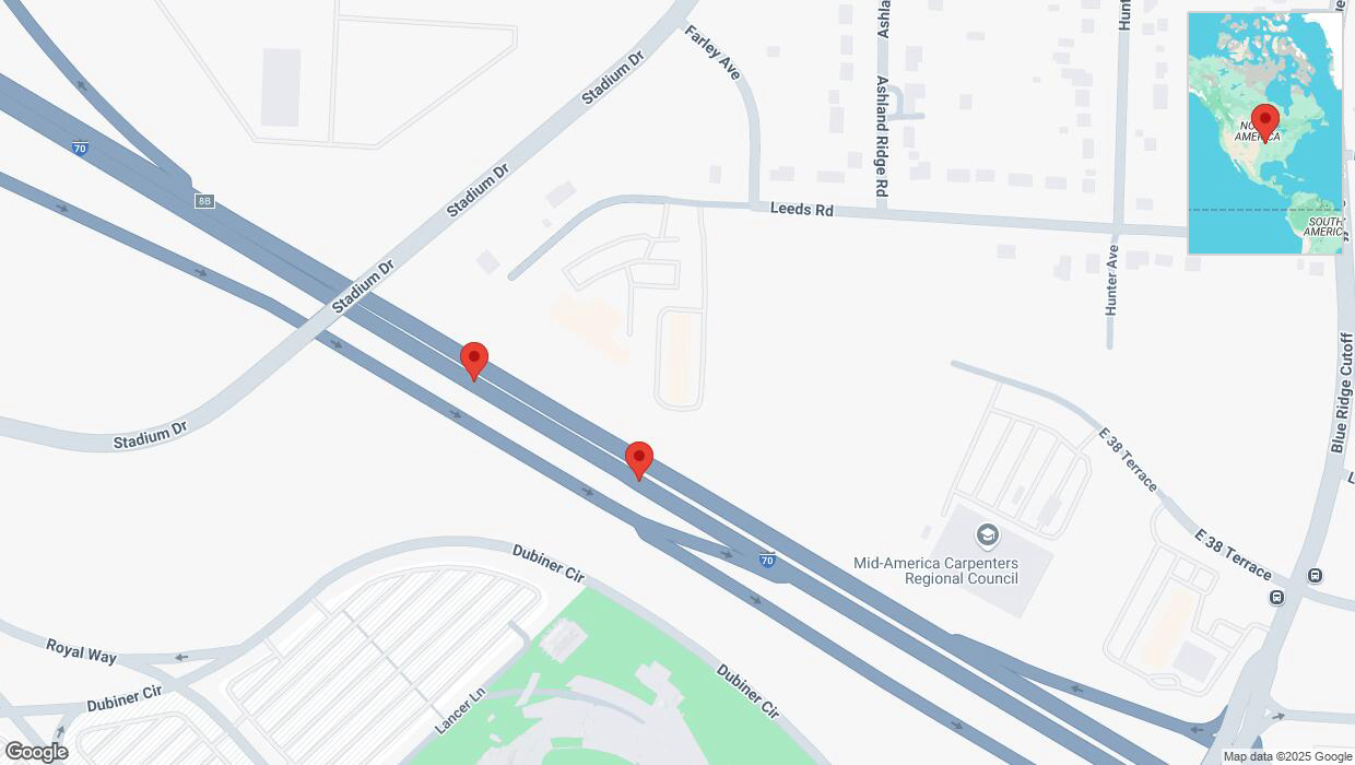 A detailed map that shows the affected road due to 'Broken down vehicle on eastbound I-70 in Kansas City' on April 7th at 5:54 p.m.