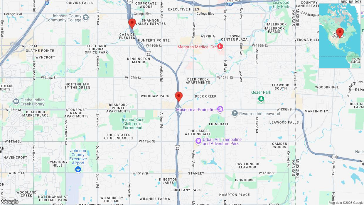 A detailed map that shows the affected road due to 'Lane on US-69 closed in Overland Park' on April 7th at 6:52 p.m.