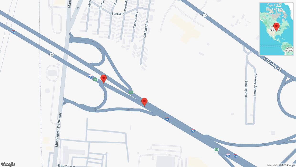 A detailed map that shows the affected road due to 'Broken down vehicle on eastbound I-70 in Kansas City' on April 7th at 7:38 p.m.