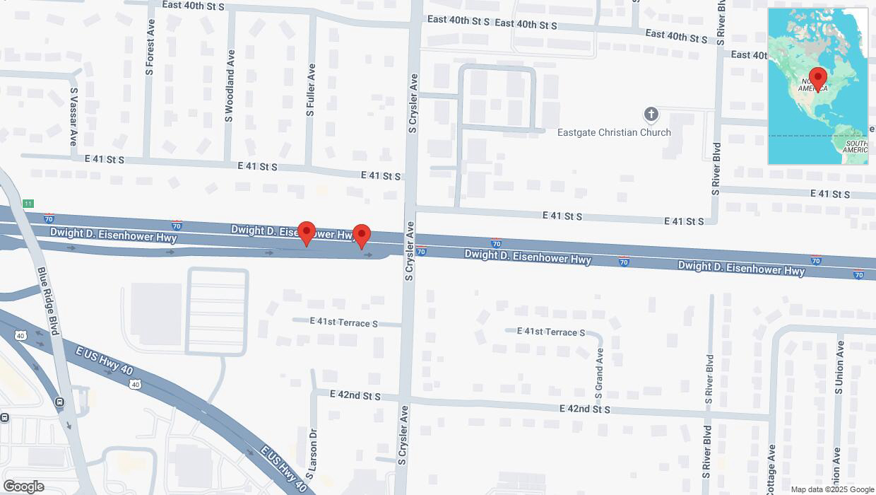 A detailed map that shows the affected road due to 'Broken down vehicle on eastbound I-70 in Independence' on April 7th at 10:02 p.m.