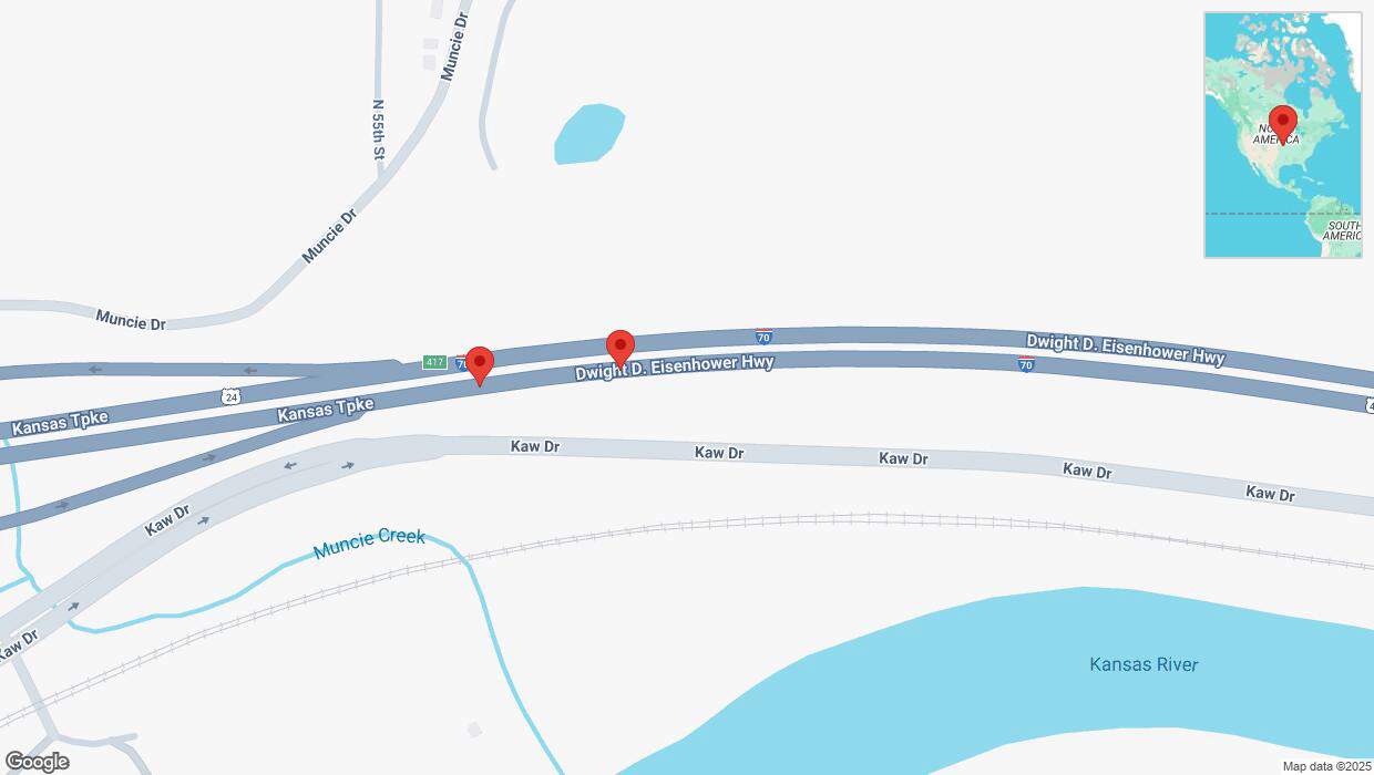 A detailed map that shows the affected road due to 'Crash reported on eastbound I-70 in Kansas City' on April 8th at 5:49 p.m.