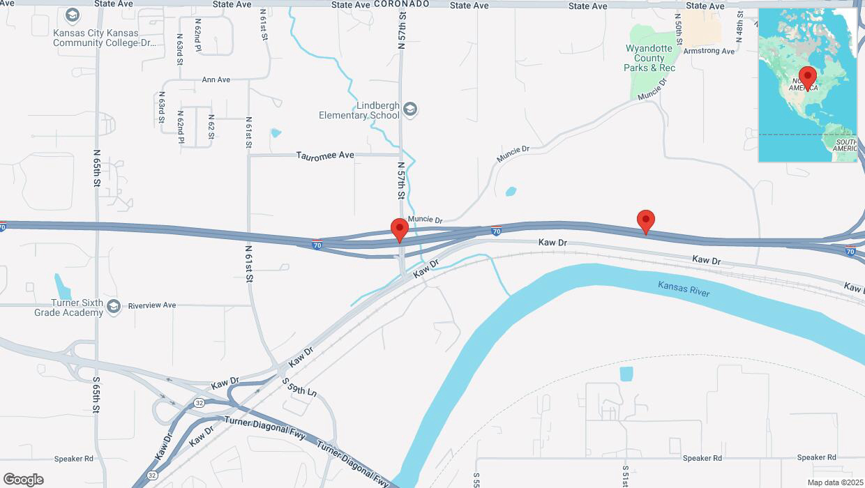 A detailed map that shows the affected road due to 'Warning: Crash on eastbound I-70 in Kansas City' on April 8th at 5:09 p.m.