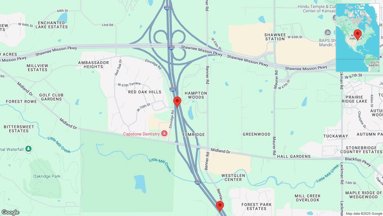 A detailed map that shows the affected road due to 'Lane on I-435 closed in Shawnee' on April 9th at 4:57 p.m.