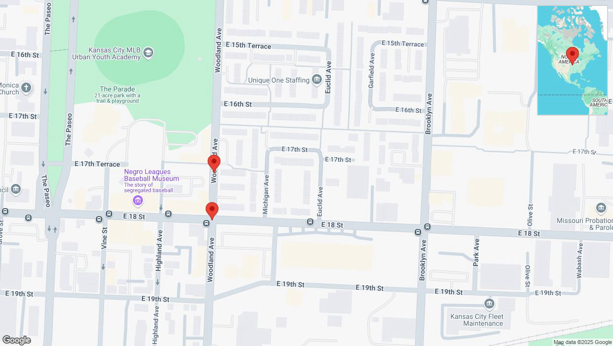 A detailed map that shows the affected road due to 'Kansas City: Woodland Avenue temporarily closed' on April 8th at 6:40 p.m.