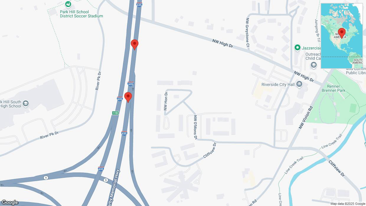 A detailed map that shows the affected road due to 'Broken down vehicle on northbound I-635 in Riverside' on April 8th at 9:13 p.m.