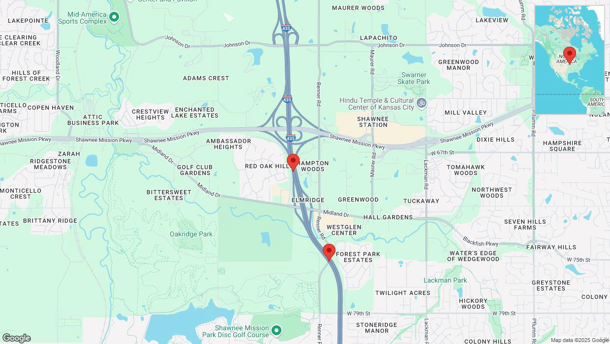 A detailed map that shows the affected road due to 'Lane on I-435 closed in Shawnee' on April 8th at 10:55 p.m.