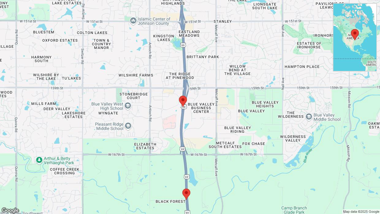 A detailed map that shows the affected road due to 'Lane on US-69 closed in Overland Park' on April 8th at 11:58 p.m.
