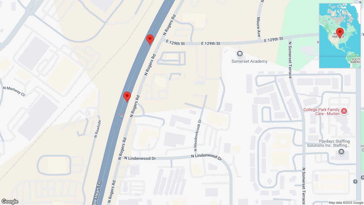 A detailed map that shows the affected road due to 'Broken down vehicle on eastbound I-35 in Olathe' on April 9th at 2:02 p.m.