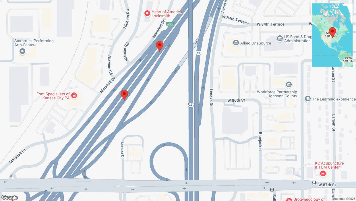 A detailed map that shows the affected road due to 'Broken down vehicle on eastbound I-35 in Lenexa' on April 9th at 2:44 p.m.