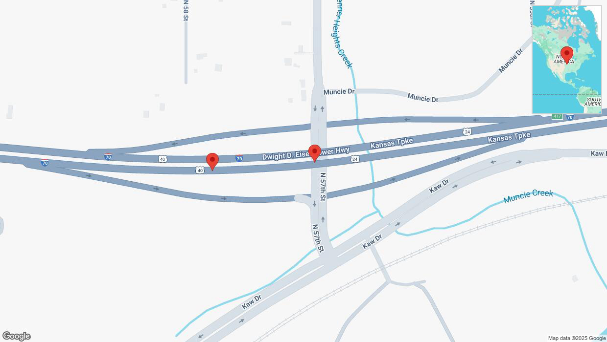 A detailed map that shows the affected road due to 'Broken down vehicle on eastbound I-70 in Kansas City' on April 9th at 2:44 p.m.