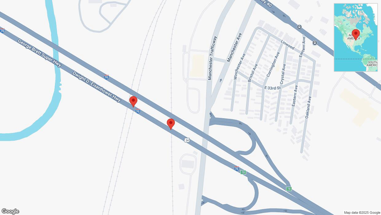 A detailed map that shows the affected road due to 'Broken down vehicle on eastbound I-70 in Kansas City' on April 9th at 3:36 p.m.