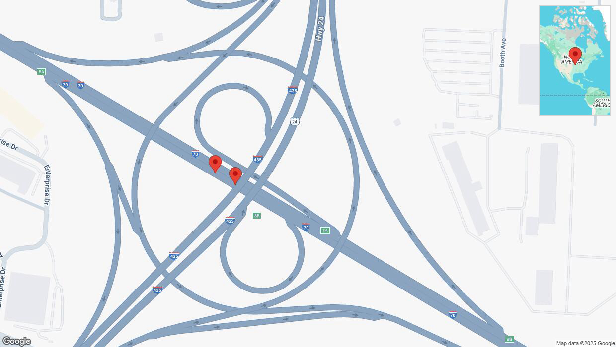 A detailed map that shows the affected road due to 'Broken down vehicle on eastbound I-70 in Kansas City' on April 9th at 3:43 p.m.