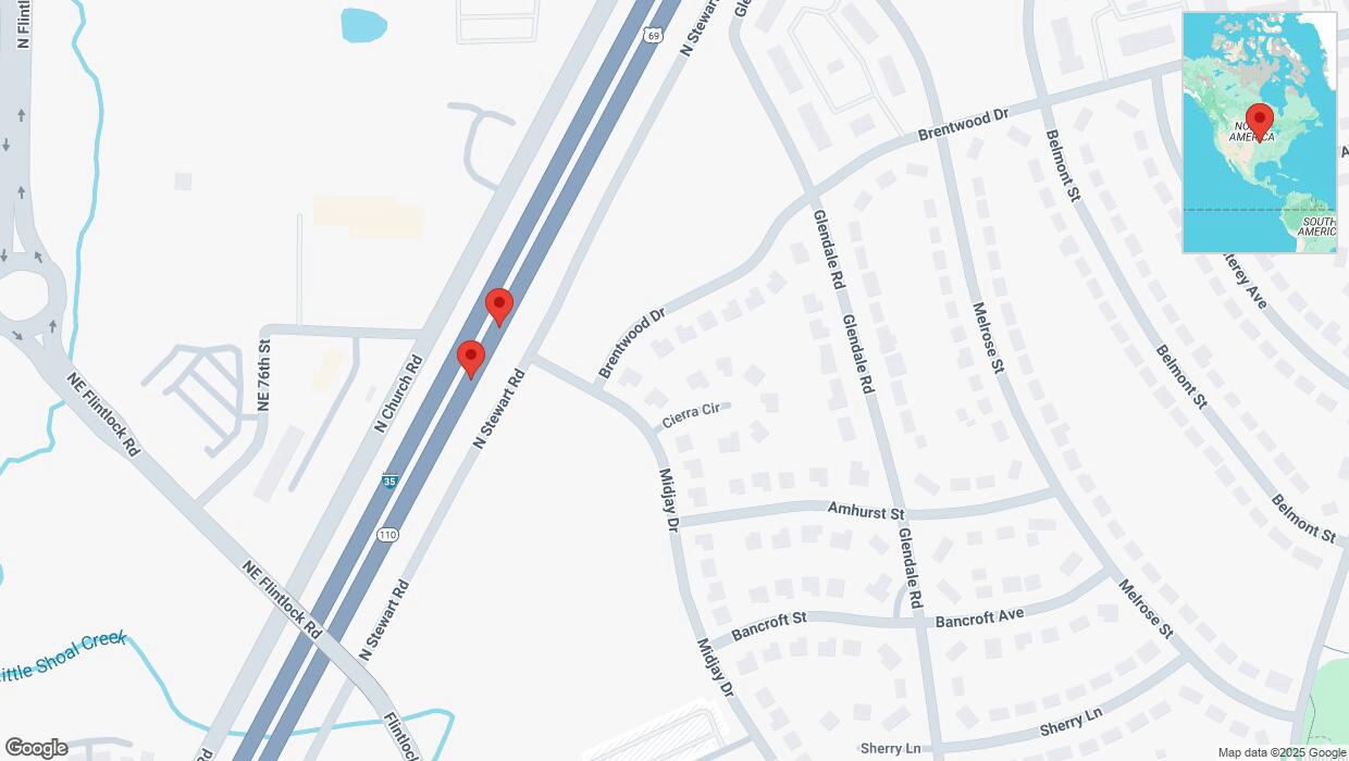 A detailed map that shows the affected road due to 'Broken down vehicle on northbound I-35 in Kansas City' on April 9th at 7:04 p.m.